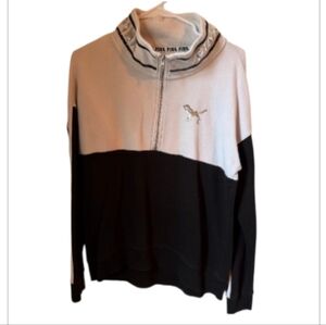 PINK VS Quarter Zip Sweatshirt Sequin Logo & Pup Detail (Bling) Blk & White